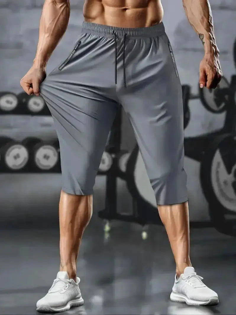 Men's casual pants, ice silk casual pants, sports cropped pants, high stretch, zippered pockets, elastic pants, fashionable casu Suncollections