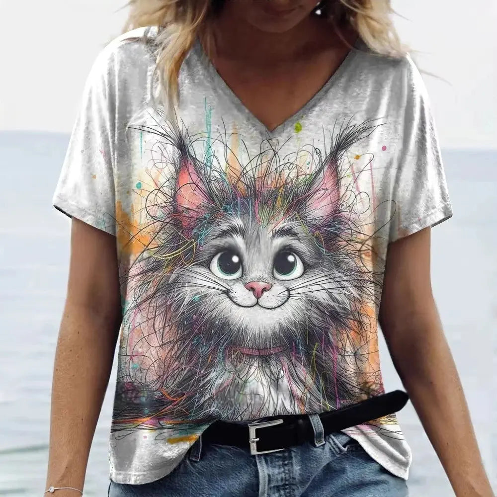 Women's T Shirt Cute Cat 3D Printed T-Shirt Summer Casual Short Sleeve V-Neck Top Fashion Streetwear Female Oversized Clothing - Suncollections
