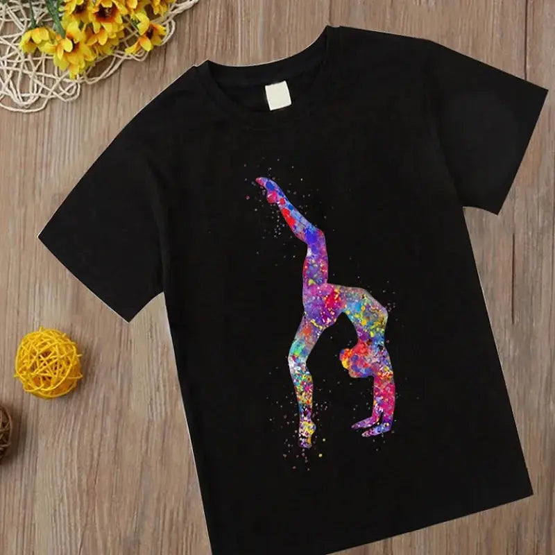 Watercolor Gymnastic Girl Print CuteChildren's T-Shirts Kids Black Tshirt GYM Excercise Sport Lover Birthday Gift Custom T Shirt - Suncollections