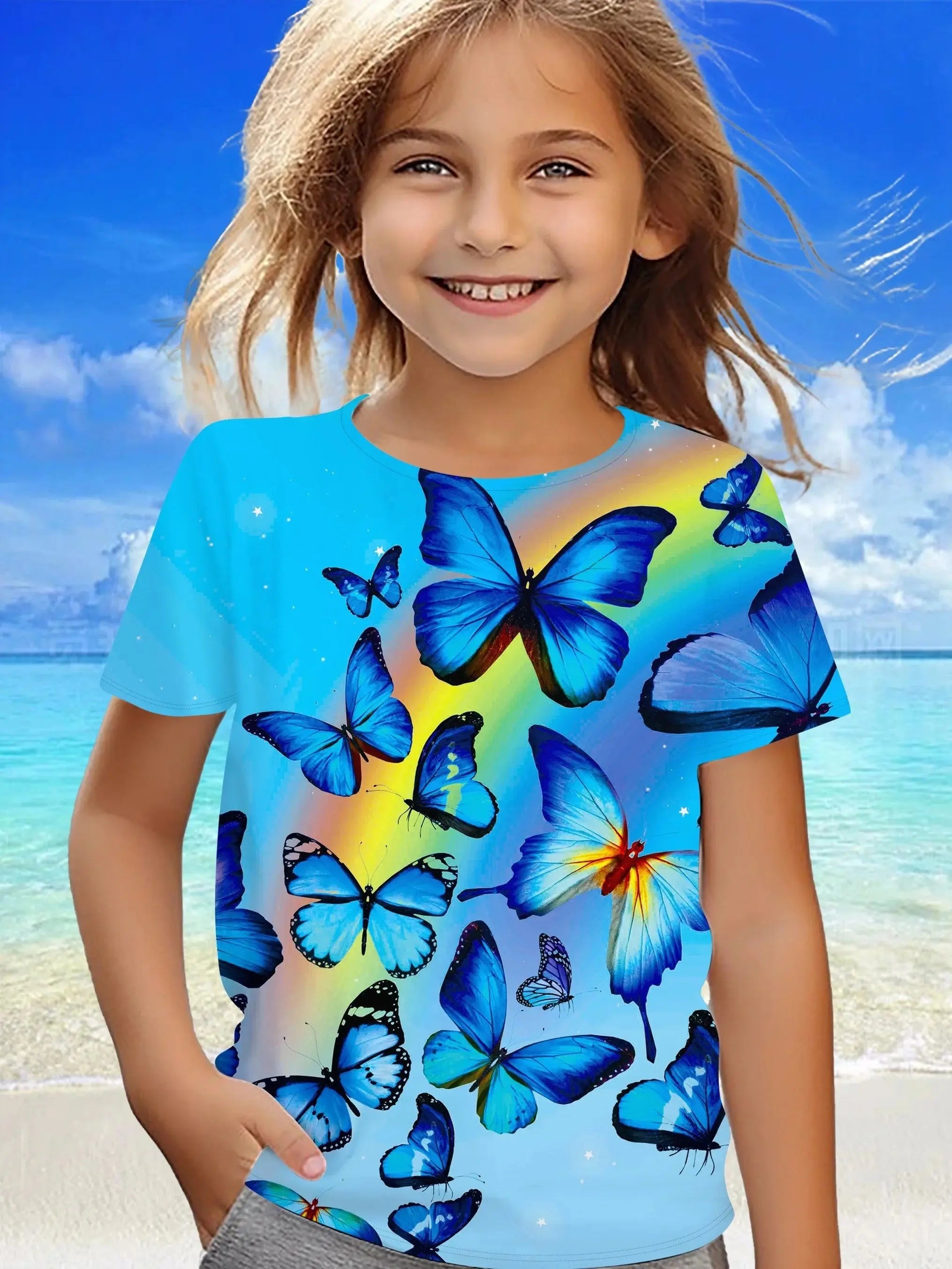 Children's Clothing Girl Clothes Short Sleeve Girl T-Shirt Prety Butterfly Print Kawaii Round Neck Girl Top Kids Summer Clothes - Suncollections