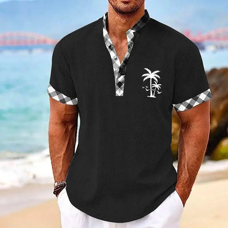 Coconut Tree Plaid 3D Print Henley Shirts Men's Casual Oversized Button Stand Collar Short Sleeve T Shirt Tees Tops Man Clothing - Suncollections