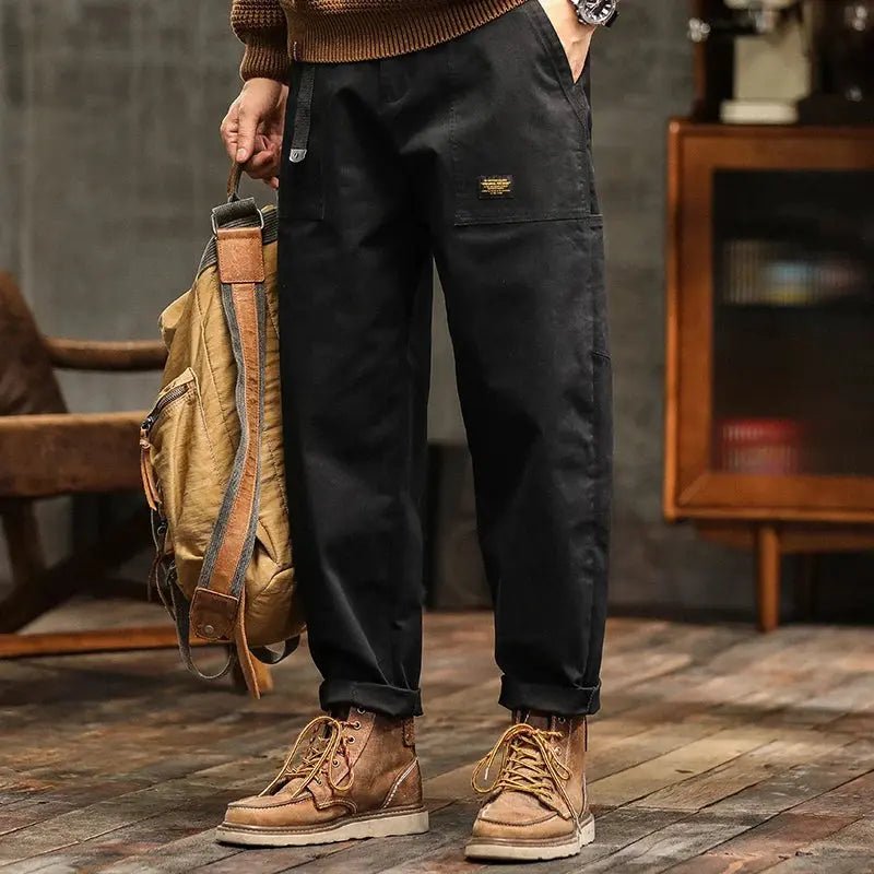 HIQOR Mens Clothing Spring Autumn Cargo Pants Man Cotton Casual Loose Trouser Belt Mid Waist Joggers Male Straight Baggy Pants Suncollections