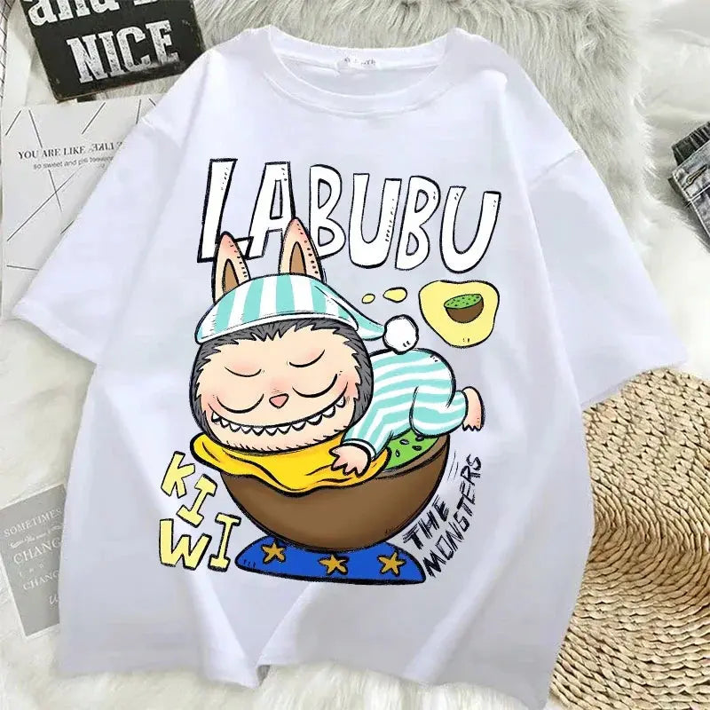 Pop Mart Labubu T-shirts for Women Anime Fashion Short Sleeved Top Summer Hip Hop Black White T-shirt High Quality Clothes - Suncollections