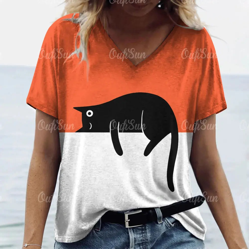 Summer Women's T Shirt Cat Print Casual Short Sleeve 3d T-Shirts Fashion Streetwear Crew Neck Pullover Female Oversized Clothing - Suncollections