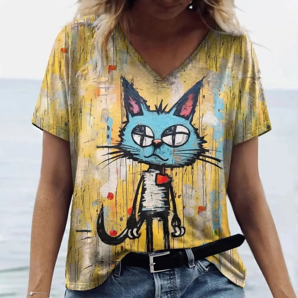 Women's T Shirt Cute Cat 3D Printed T-Shirt Summer Casual Short Sleeve V-Neck Top Fashion Streetwear Female Oversized Clothing - Suncollections