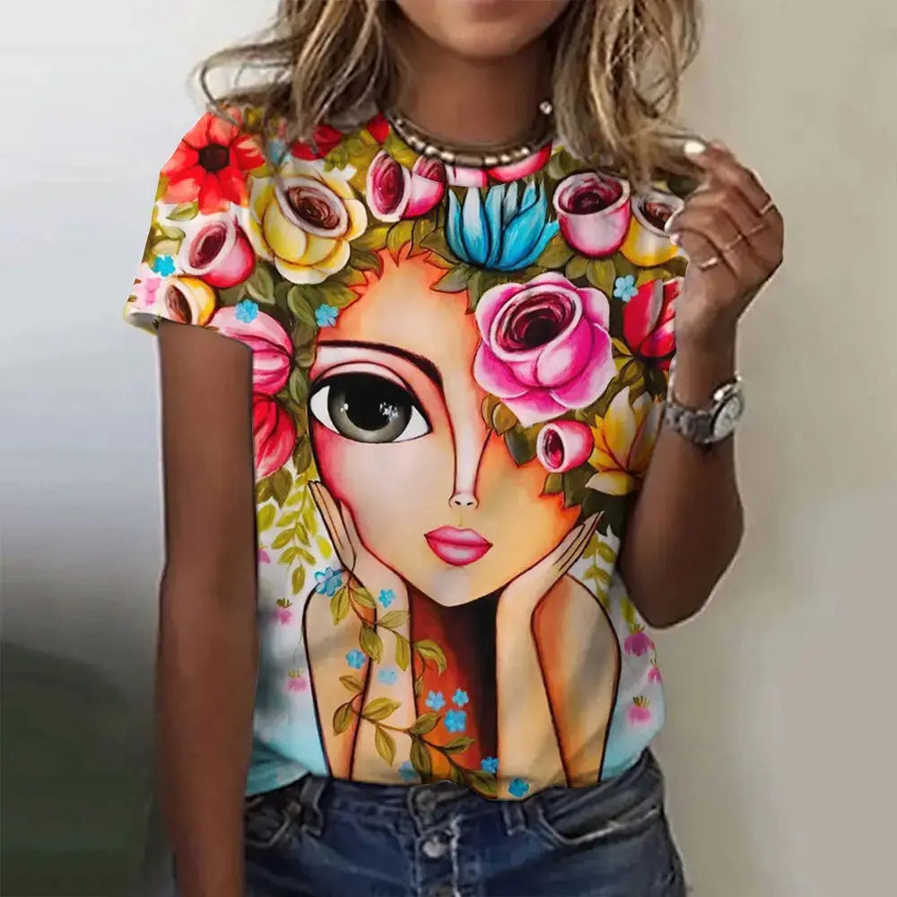 Summer Women's T-Shirts Girls Cute Print Short Sleeve Harajuku Fashion O-Neck Shirts Ladies Colorful Beautiful Shirt Tees - Suncollections