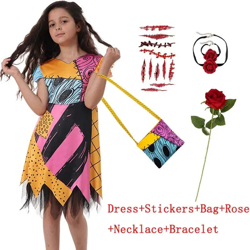 2025 Halloween Sally Cosplay Costume for Girl The Nightmare Before Xmas Role Play Dress Up Toddler Classic Sally&Jack Frocks Suncollections