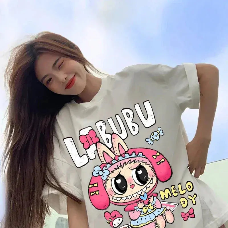 Pop Mart Labubu T-shirts for Women Anime Fashion Short Sleeved Top Summer Hip Hop Black White T-shirt High Quality Clothes - Suncollections