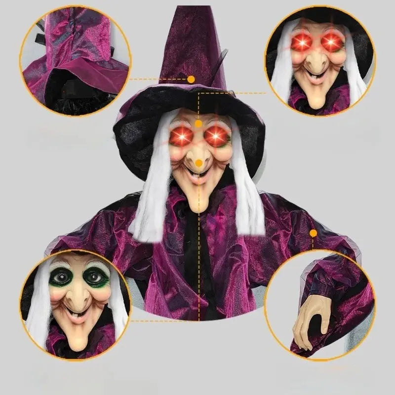 Halloween Life Size Talking Witch Outdoor Purple Spooky Animatronic Witch Decor Prop Halloween Decoration Red Eye Animated Witch Suncollections