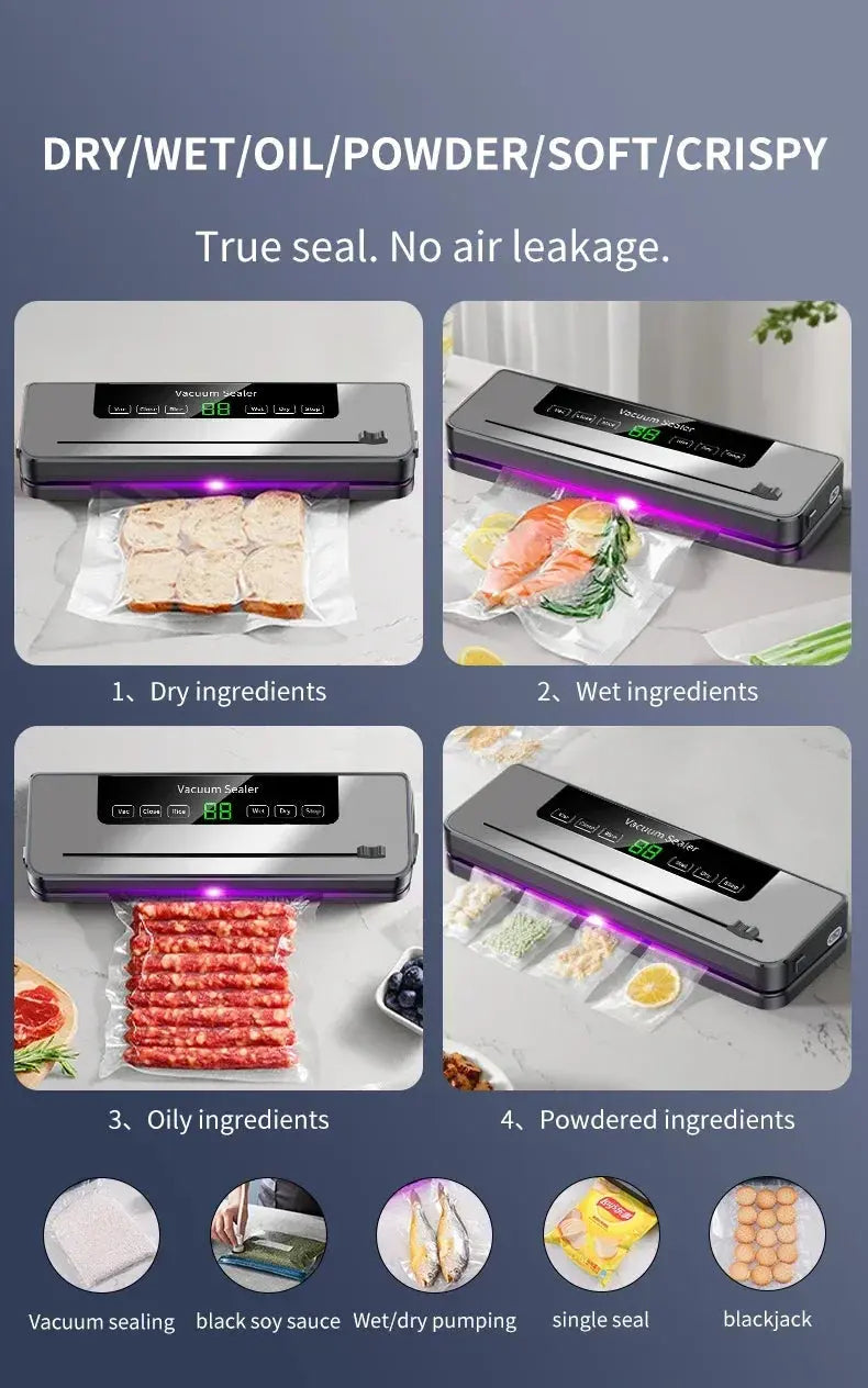 Electric Vacuum Sealer Built-in Cutter Kitchen Food Storage Seal Touch Button Dry/Wet Food Sealing Packaging Strips 10 Bags Suncollections