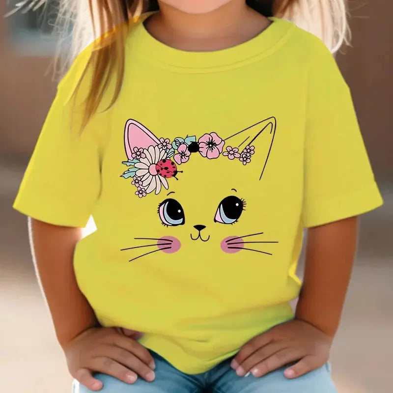 Summer Kids T Shirt Flower Cat Graphic Shirt Girls Floral Kitty Tops White Short - Suncollections