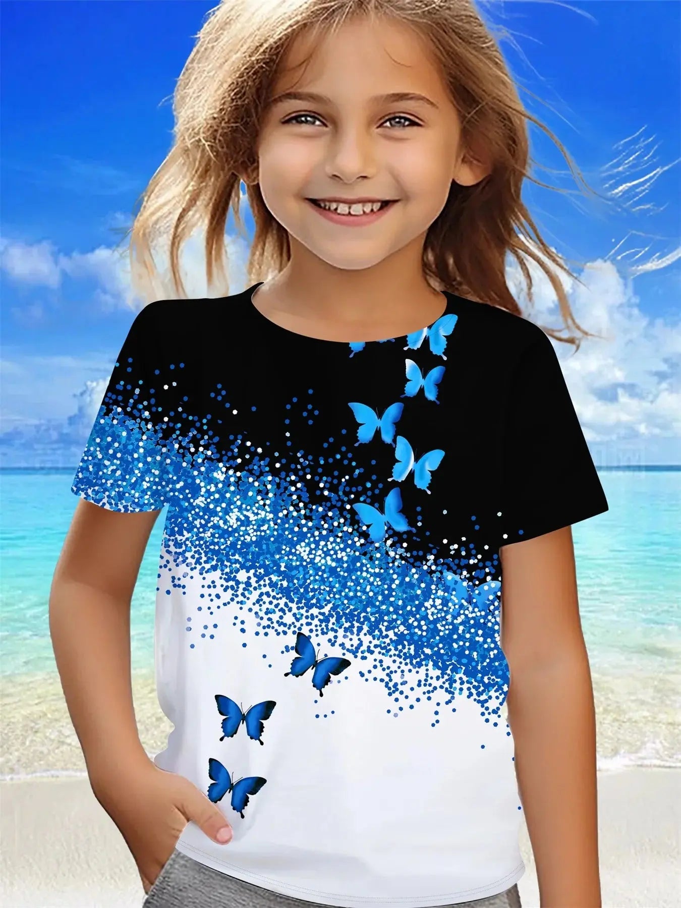 Children's Clothing Girl Clothes Short Sleeve Girl T-Shirt Prety Butterfly Print Kawaii Round Neck Girl Top Kids Summer Clothes - Suncollections