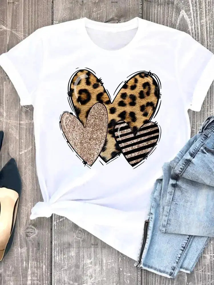 Summer leopard love heart t shirts sweet Fashion Women Tee T-shirts Casual Short Sleeve Regular Female Graphic T Shirt Clothes - Suncollections