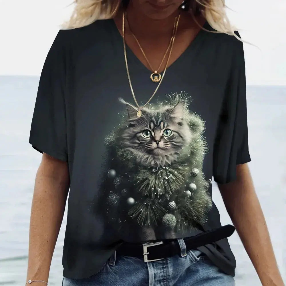 Fashion Women's T-shirt Cat Printed Short Sleeve Female Harajuku Tees Ladies T Shirt Oversized V-neck Tops Animal Women Clothing - Suncollections