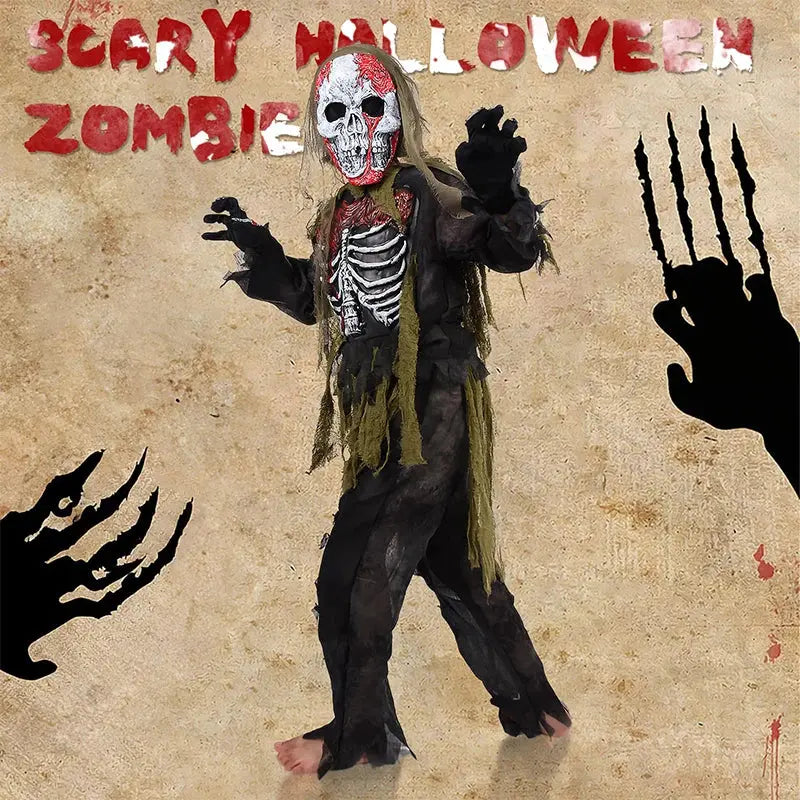2025 New Arrival Scary Boy Burning Creepy Dead Halloween Fancy Dress Up Kids Skeleton Zombie Costume Suncollections