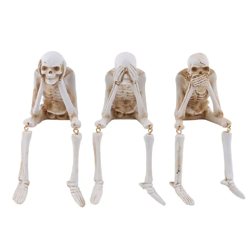 Halloween Statues Resin See Speak Hear No Evil Skeleton Figurines Resin Realistic Skull Decor for Bookshelf Table Edge Ornament Suncollections