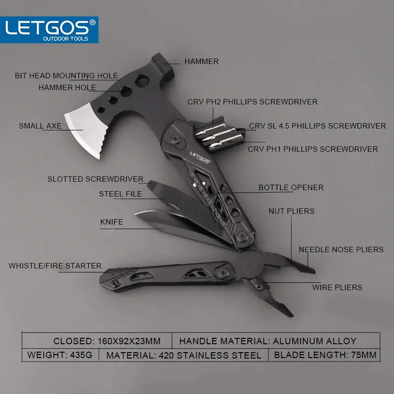 LETGOS Multitool camping axe 16-in-1 portable Gear survival tool - Suncollections