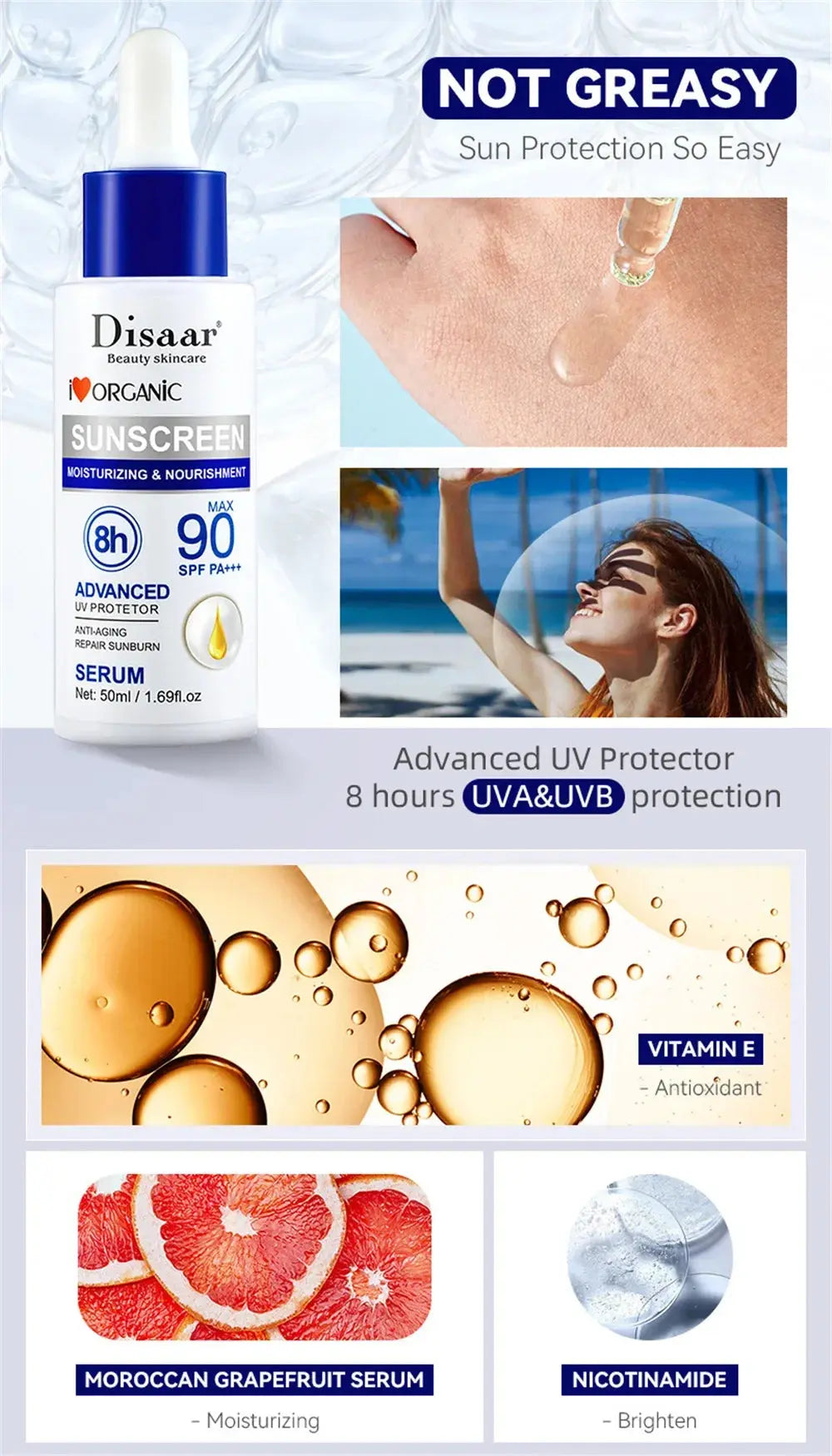 Disaar SPF 90 Sunscreen Serum Long Lasting UV Protector Sunblock Moisturizing Anti-aging Repair Skin Protective Essence 50ml - Suncollections