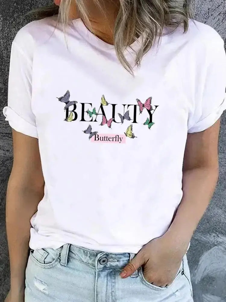Clothes Women Butterfly Trend Lovely Cute Graphic Short Sleeve T-shirt Ladies - Suncollections