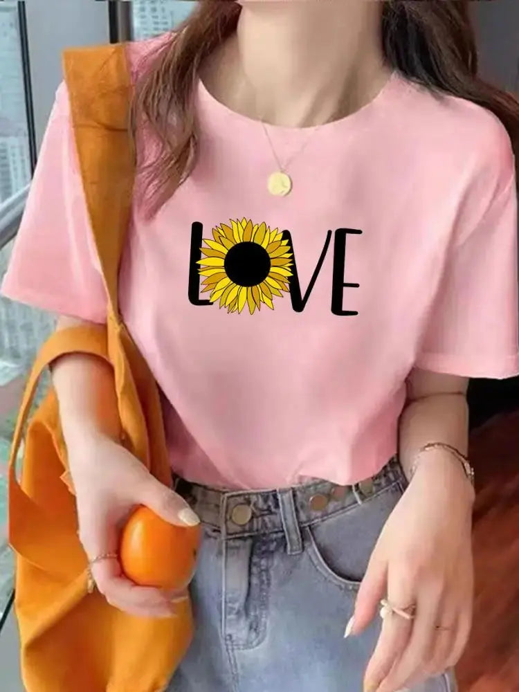 Leopard Love Heart Trend Cute Tee Top Fashion Summer Women Clothes O-neck Print Short Sleeve Clothing Graphic T-shirt T Shirt - Suncollections