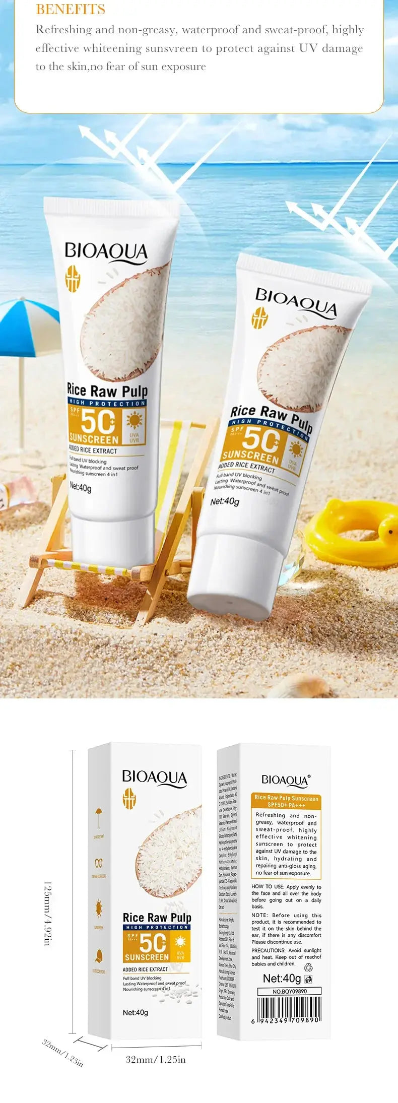 BIOAQUA Rice Raw Pulp Spf 50+ Sunscreen For Face Body Neck Back Protector Solar Blocker Brightening Facial Sun Cream Body Care - Suncollections