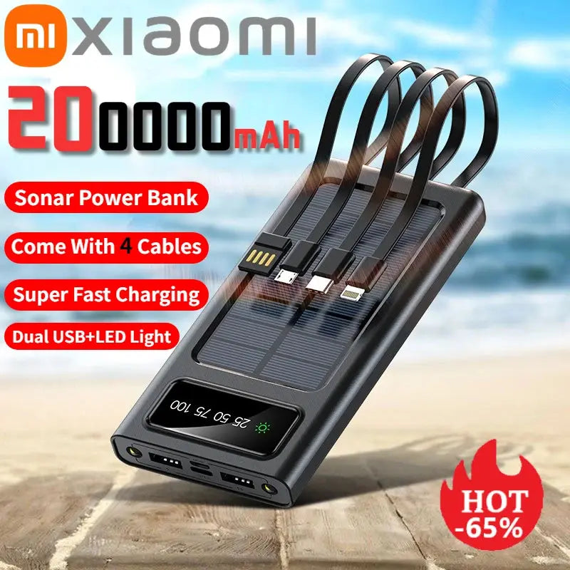 Xiaomi New Solar Power Bank 200000mA Large Capacity Mobile Power Fast Charging Battery With Dual USB 4 Cables For iPhone Samsung - Suncollections