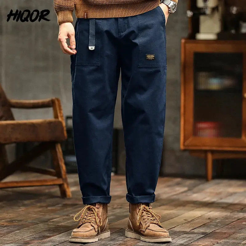 HIQOR Mens Clothing Spring Autumn Cargo Pants Man Cotton Casual Loose Trouser Belt Mid Waist Joggers Male Straight Baggy Pants Suncollections