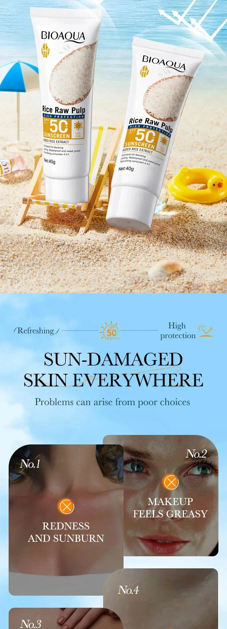 BIOAQUA Rice Raw Pulp Spf 50+ Sunscreen For Face Body Neck Back Protector Solar Blocker Brightening Facial Sun Cream Body Care - Suncollections