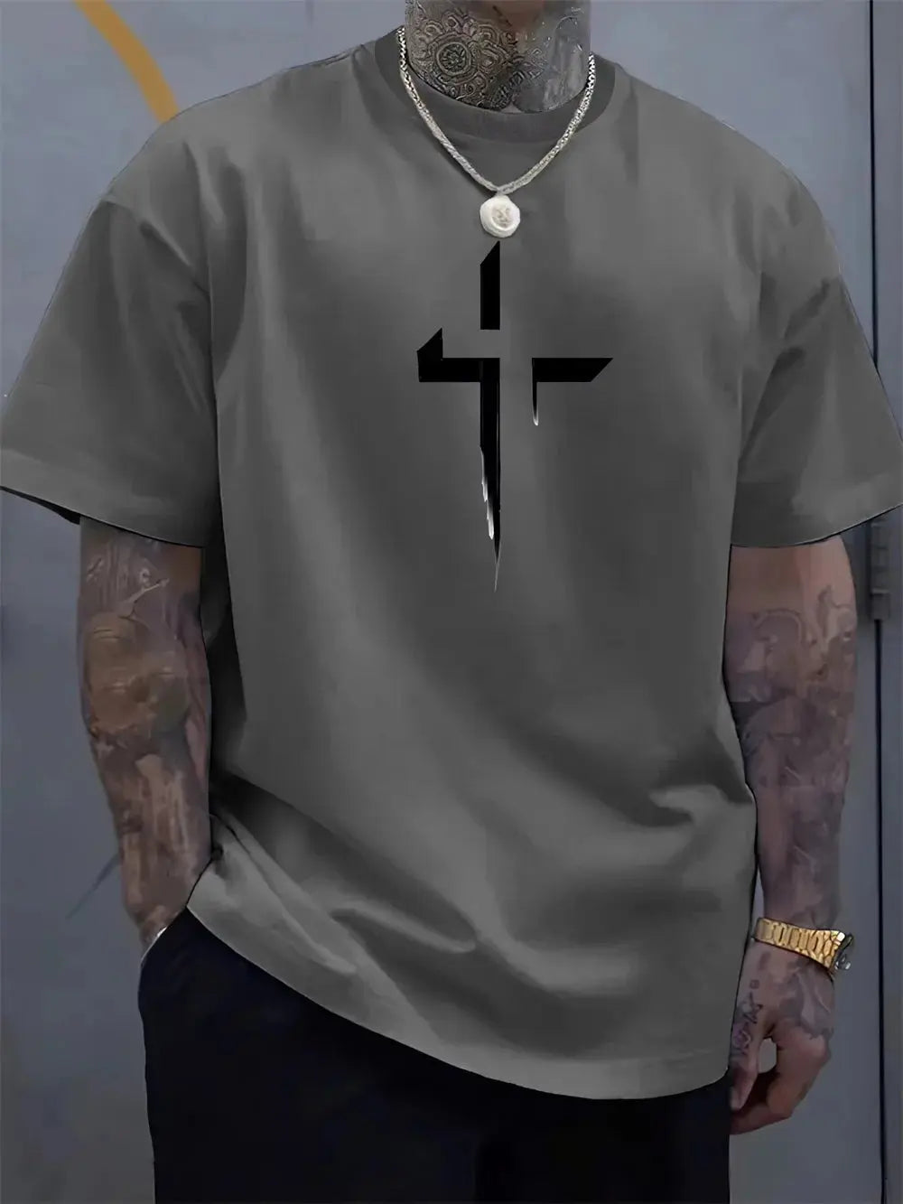 Summer Men's Streetwear Casual O-Neck Oversized Loose Plus Size Cross Creative Printed Sports Round Neck Short Sleeved T-Shirt - Suncollections