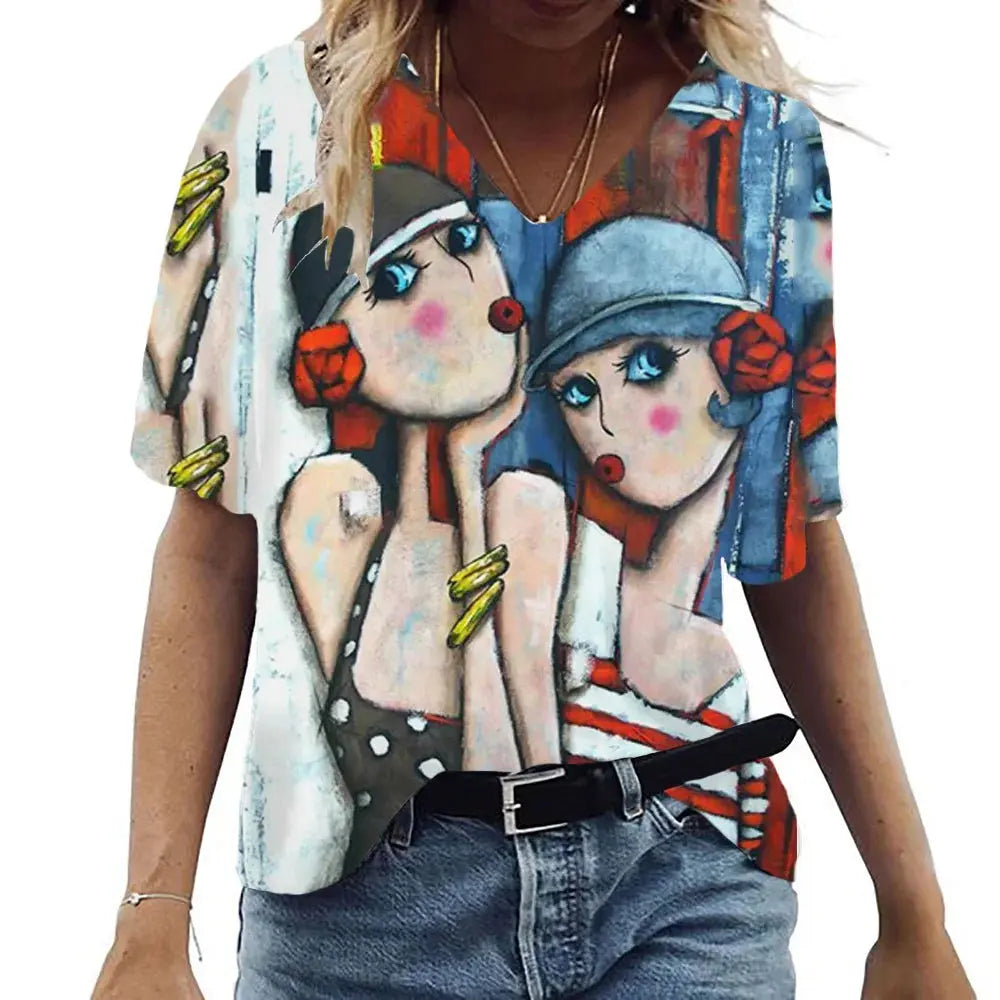 Women's Summer T-Shirt V Neck Short Sleeve Top Abstract Portrait Painted T-Shirt Women's Loose Casual T-Shirt Street Style - Suncollections