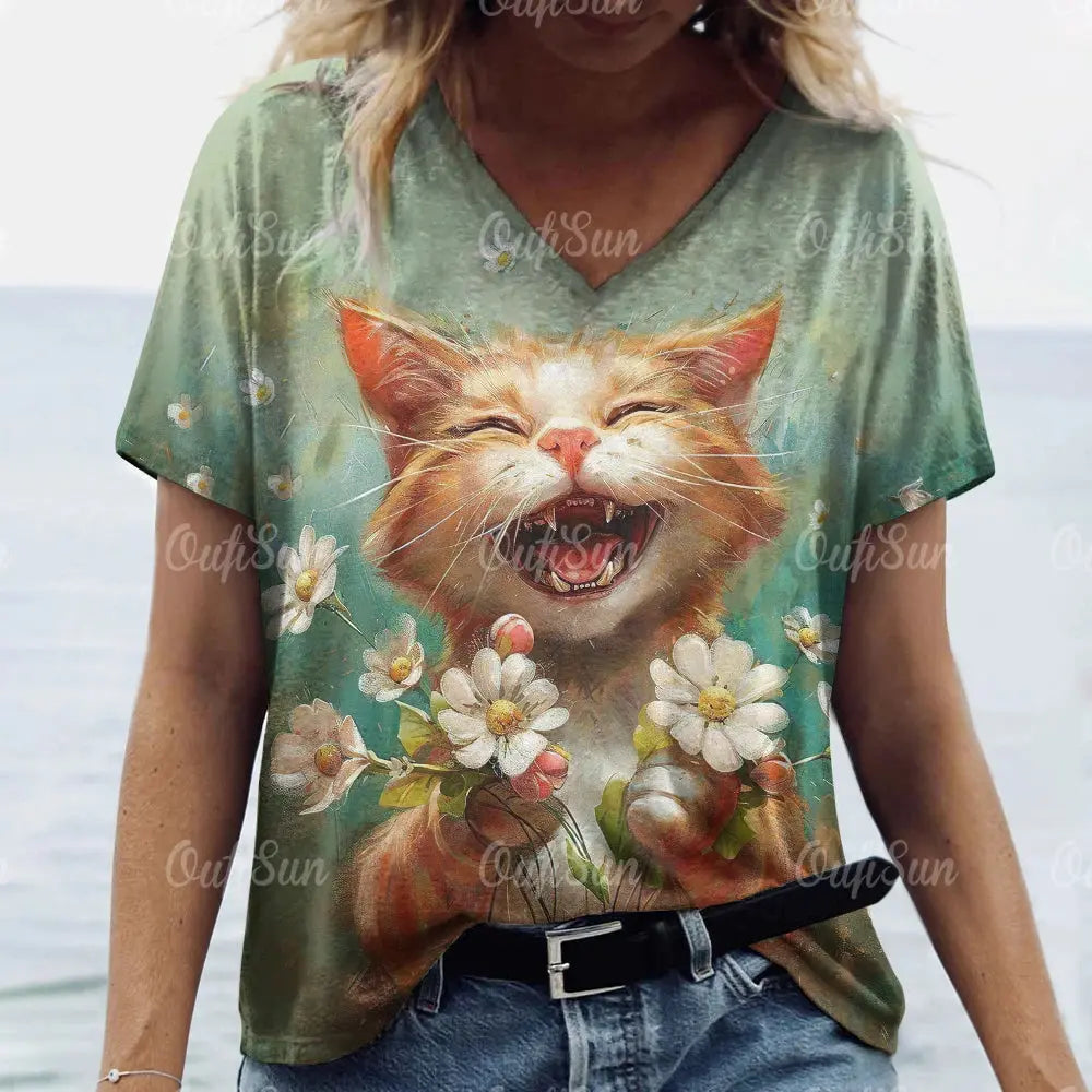 Summer Women's T Shirt Cat Print Casual Short Sleeve 3d T-Shirts Fashion Streetwear Crew Neck Pullover Female Oversized Clothing - Suncollections