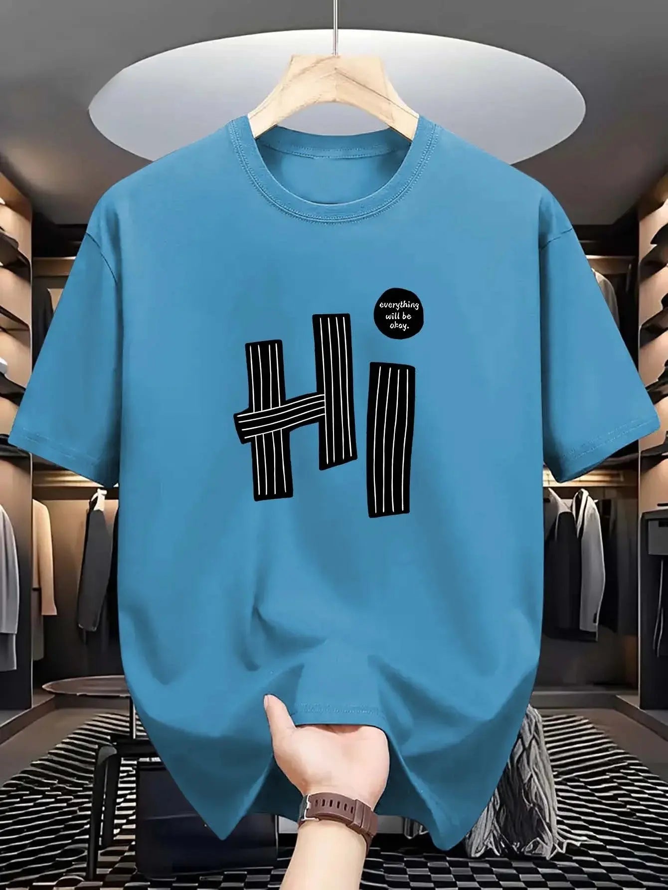 Hi pattern men's T-shirt casual and comfortable summer short sleeve round neck top T-shirt, fashionable machine washable - Suncollections