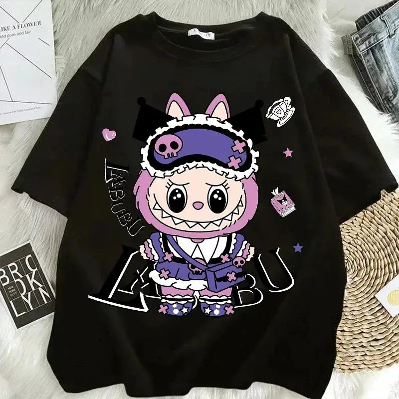 Pop Mart Labubu T-shirts for Women Anime Fashion Short Sleeved Top Summer Hip Hop Black White T-shirt High Quality Clothes - Suncollections