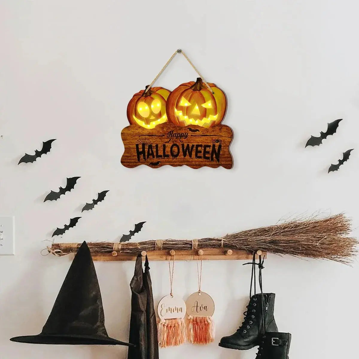 Light up the wooden Halloween sign with two jack-o'-lantern pumpkin lanterns for festive home decoration Suncollections