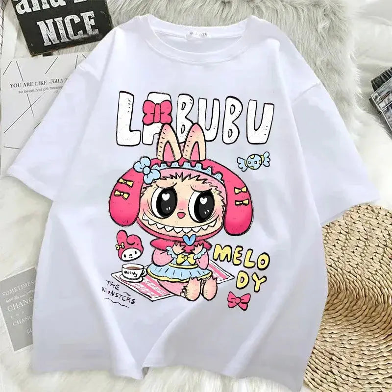 Pop Mart Labubu T-shirts for Women Anime Fashion Short Sleeved Top Summer Hip Hop Black White T-shirt High Quality Clothes - Suncollections