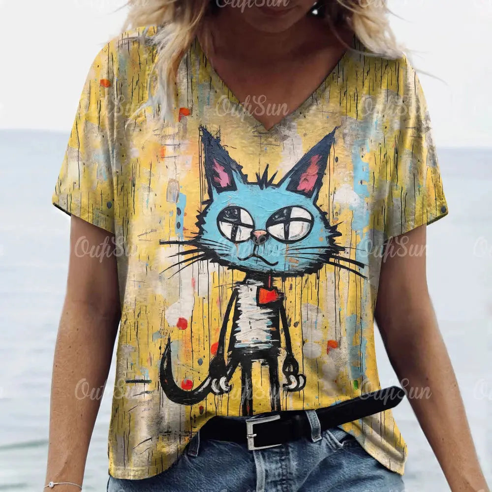 Summer Women's T Shirt Cat Print Casual Short Sleeve 3d T-Shirts Fashion Streetwear Crew Neck Pullover Female Oversized Clothing - Suncollections