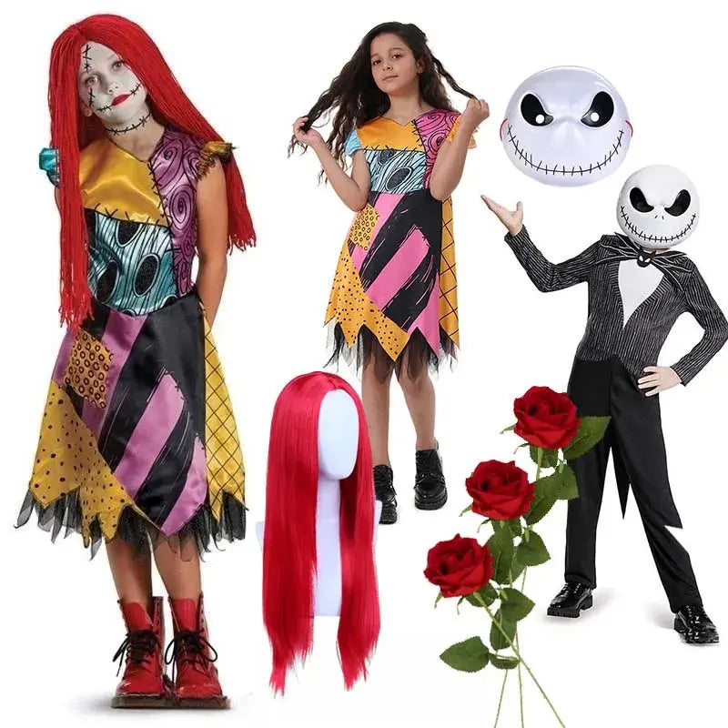 2025 Halloween Sally Cosplay Costume for Girl The Nightmare Before Xmas Role Play Dress Up Toddler Classic Sally&Jack Frocks Suncollections
