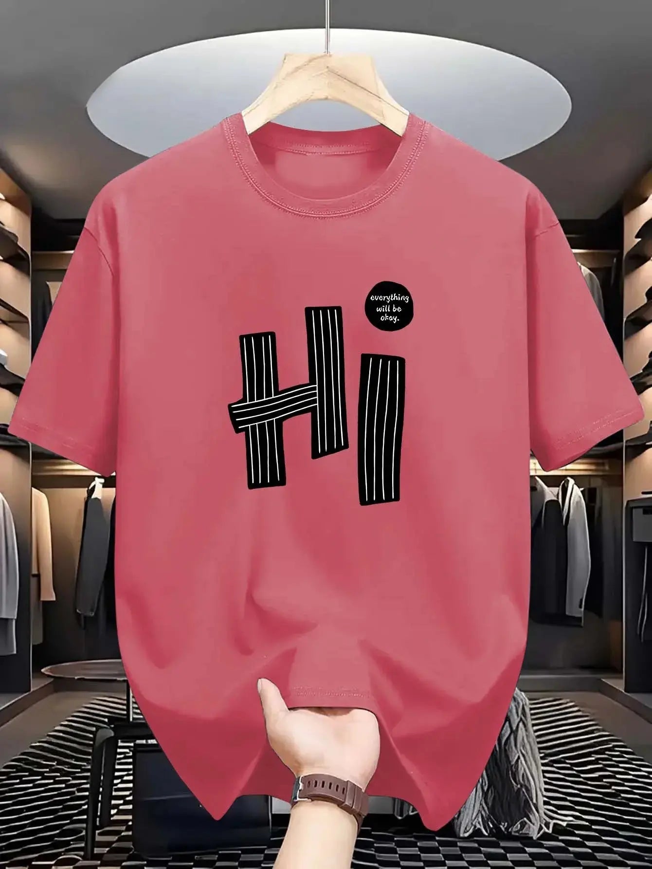 Hi pattern men's T-shirt casual and comfortable summer short sleeve round neck top T-shirt, fashionable machine washable - Suncollections