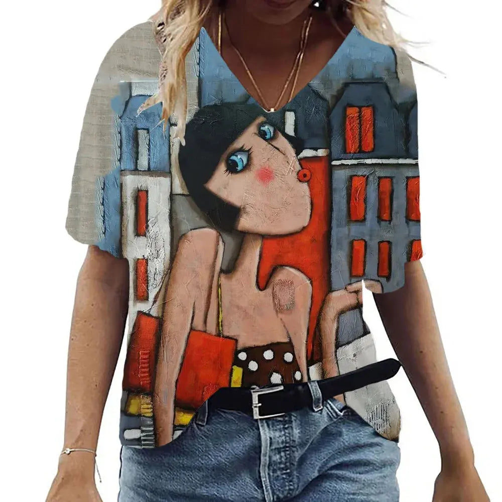 Women's Summer T-Shirt V Neck Short Sleeve Top Abstract Portrait Painted T-Shirt Women's Loose Casual T-Shirt Street Style - Suncollections