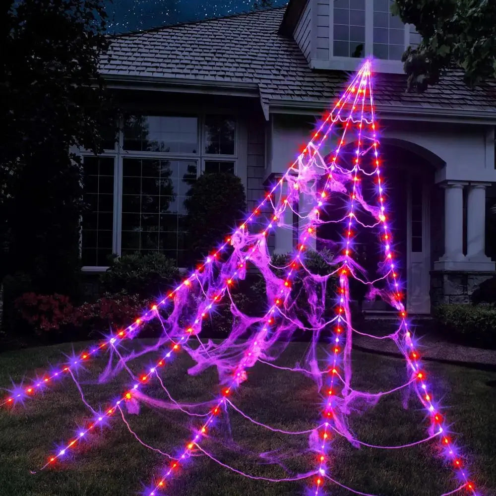 Practical 8 Modes Halloween Spider Web Lights Glow 250 LEDs LED Spider Net Hanging 5m Scary Giant Spider Haunted House Suncollections