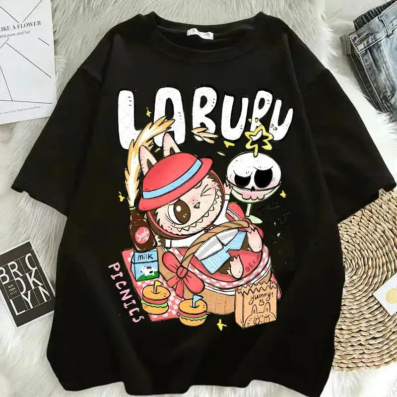 Pop Mart Labubu T-shirts for Women Anime Fashion Short Sleeved Top Summer Hip Hop Black White T-shirt High Quality Clothes - Suncollections