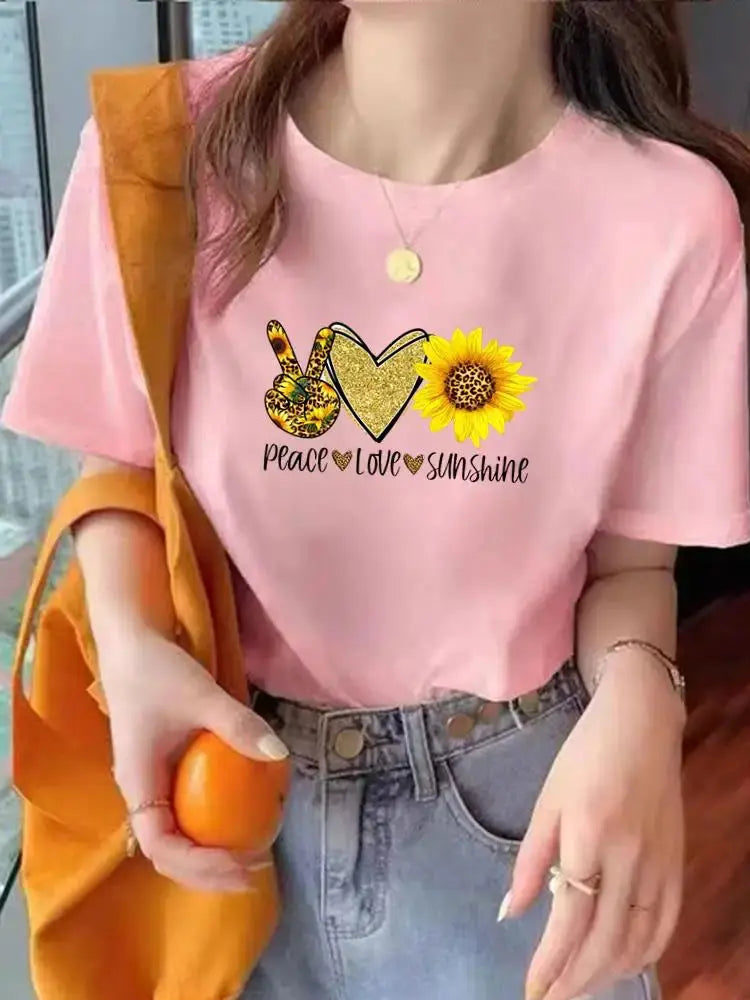 Leopard Love Heart Trend Cute Tee Top Fashion Summer Women Clothes O-neck Print Short Sleeve Clothing Graphic T-shirt T Shirt - Suncollections