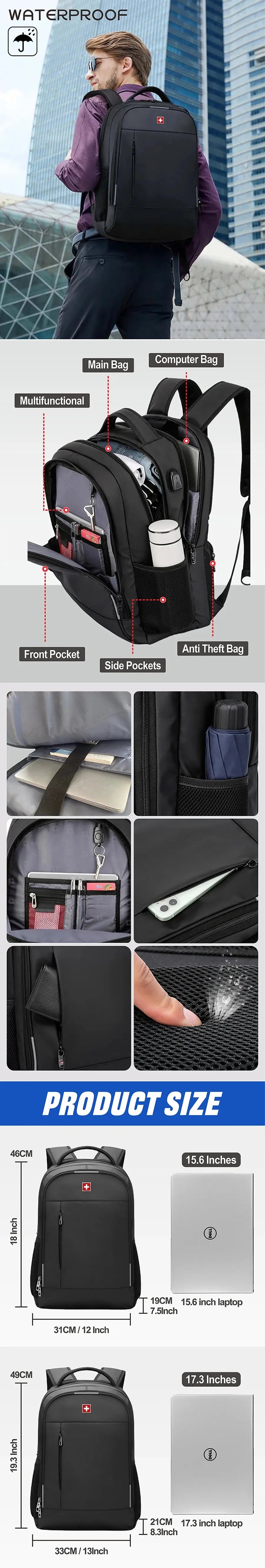 SWISS Men Laptop Backpack Waterproof Anti Theft USB Bag Large Capacity Fashion School Backpack Travel Backpack Back Pack Mochila - Suncollections