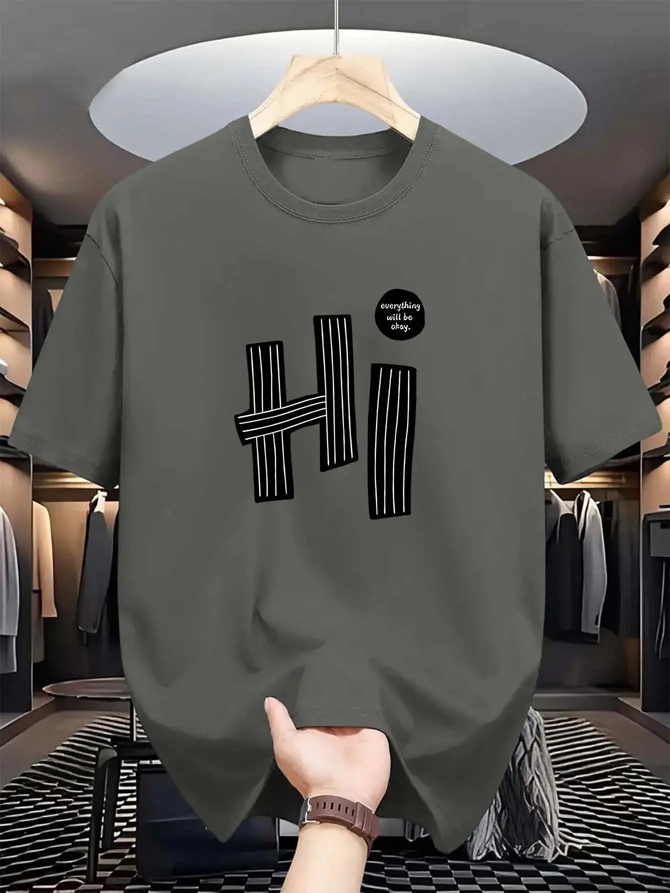 Hi pattern men's T-shirt casual and comfortable summer short sleeve round neck top T-shirt, fashionable machine washable - Suncollections