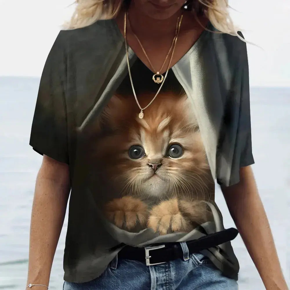 Fashion Women's T-shirt Cat Printed Short Sleeve Female Harajuku Tees Ladies T Shirt Oversized V-neck Tops Animal Women Clothing - Suncollections