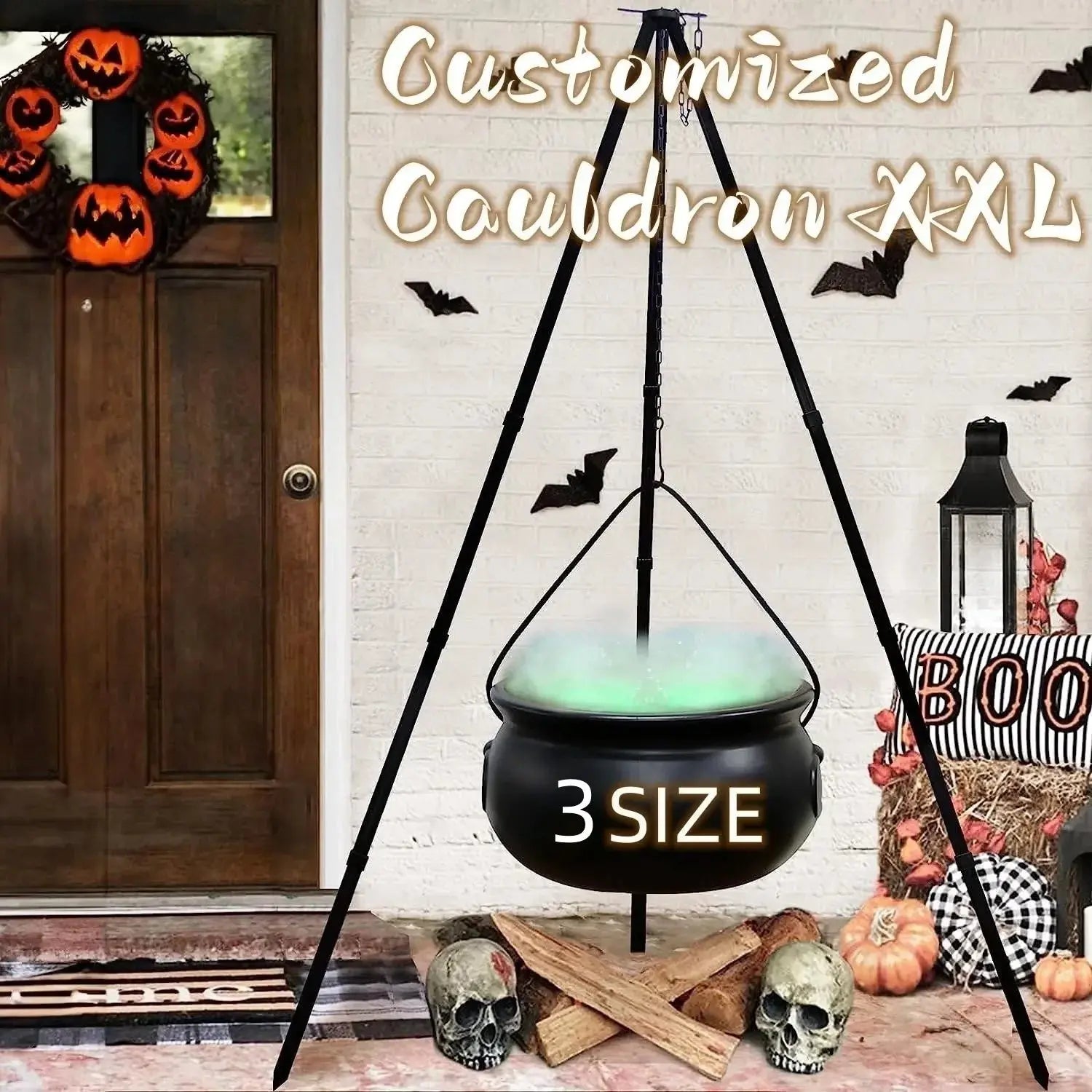 51in Halloween Decor Outdoor 12in Large Witch Cauldron on Tripod with Lights Black Plastic Bowl Party Hocus Pocus Candy Bucket Suncollections