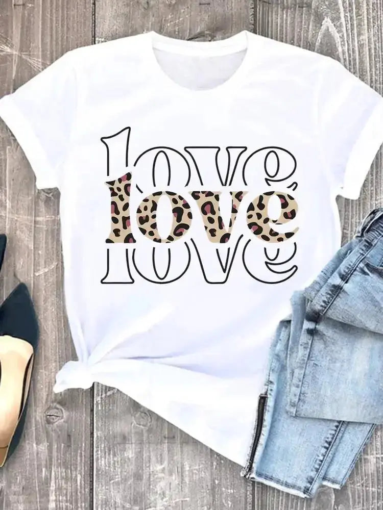 Summer leopard love heart t shirts sweet Fashion Women Tee T-shirts Casual Short Sleeve Regular Female Graphic T Shirt Clothes - Suncollections