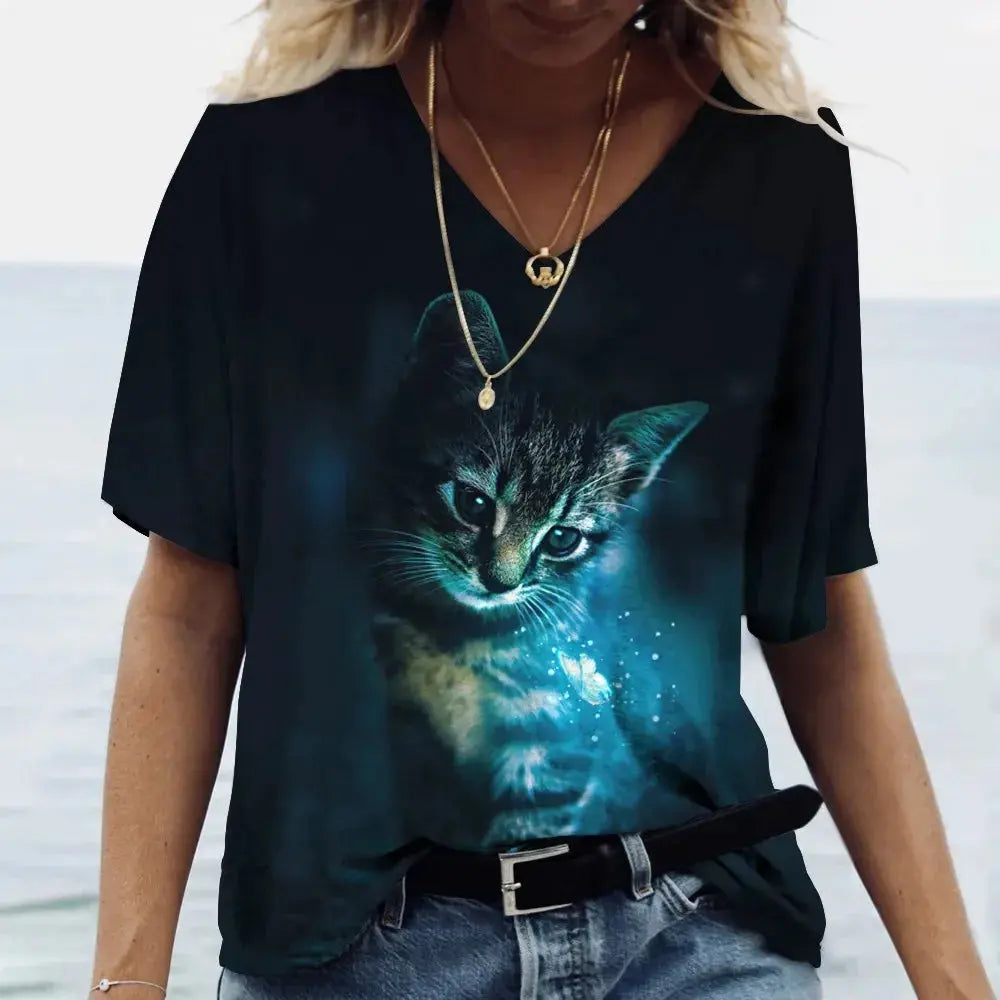 Fashion Women's T-shirt Cat Printed Short Sleeve Female Harajuku Tees Ladies T Shirt Oversized V-neck Tops Animal Women Clothing - Suncollections