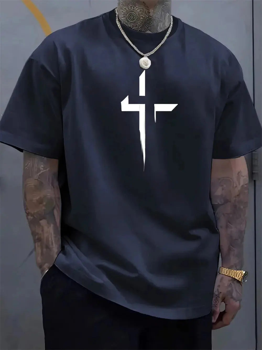 Summer Men's Streetwear Casual O-Neck Oversized Loose Plus Size Cross Creative Printed Sports Round Neck Short Sleeved T-Shirt - Suncollections