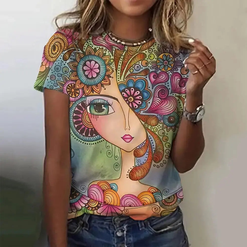 Summer Women's T-Shirts Girls Cute Print Short Sleeve Harajuku Fashion O-Neck Shirts Ladies Colorful Beautiful Shirt Tees - Suncollections